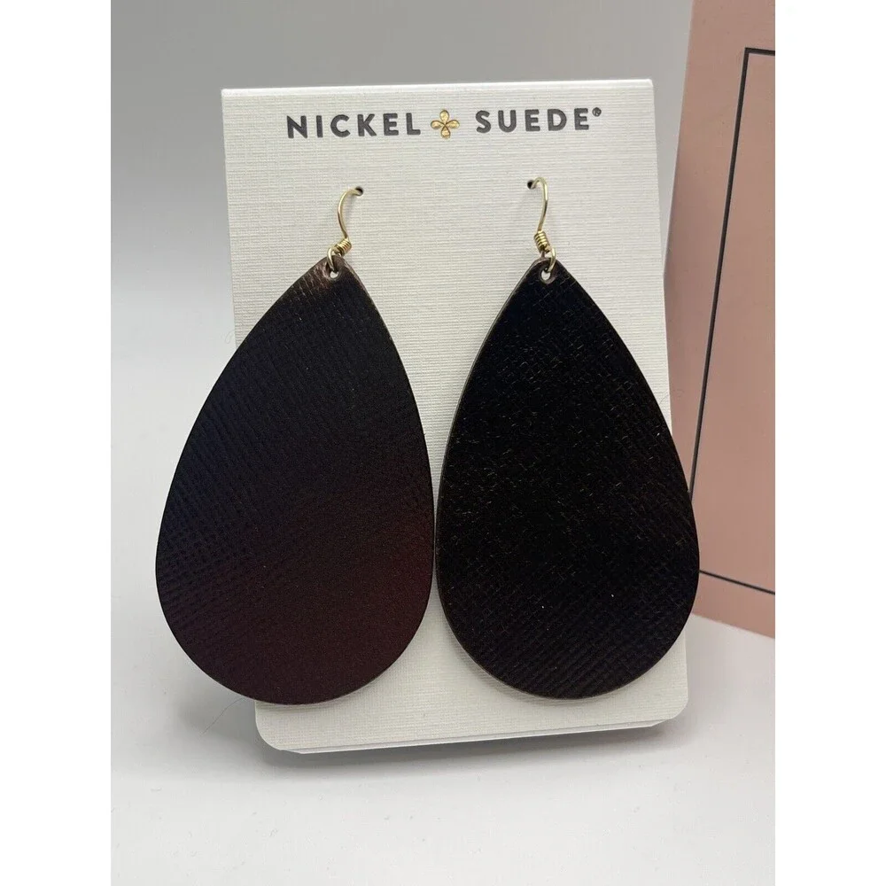 Nickel & Suede Textured Metallic Cocoa Brown Leather Teardrop Earrings New